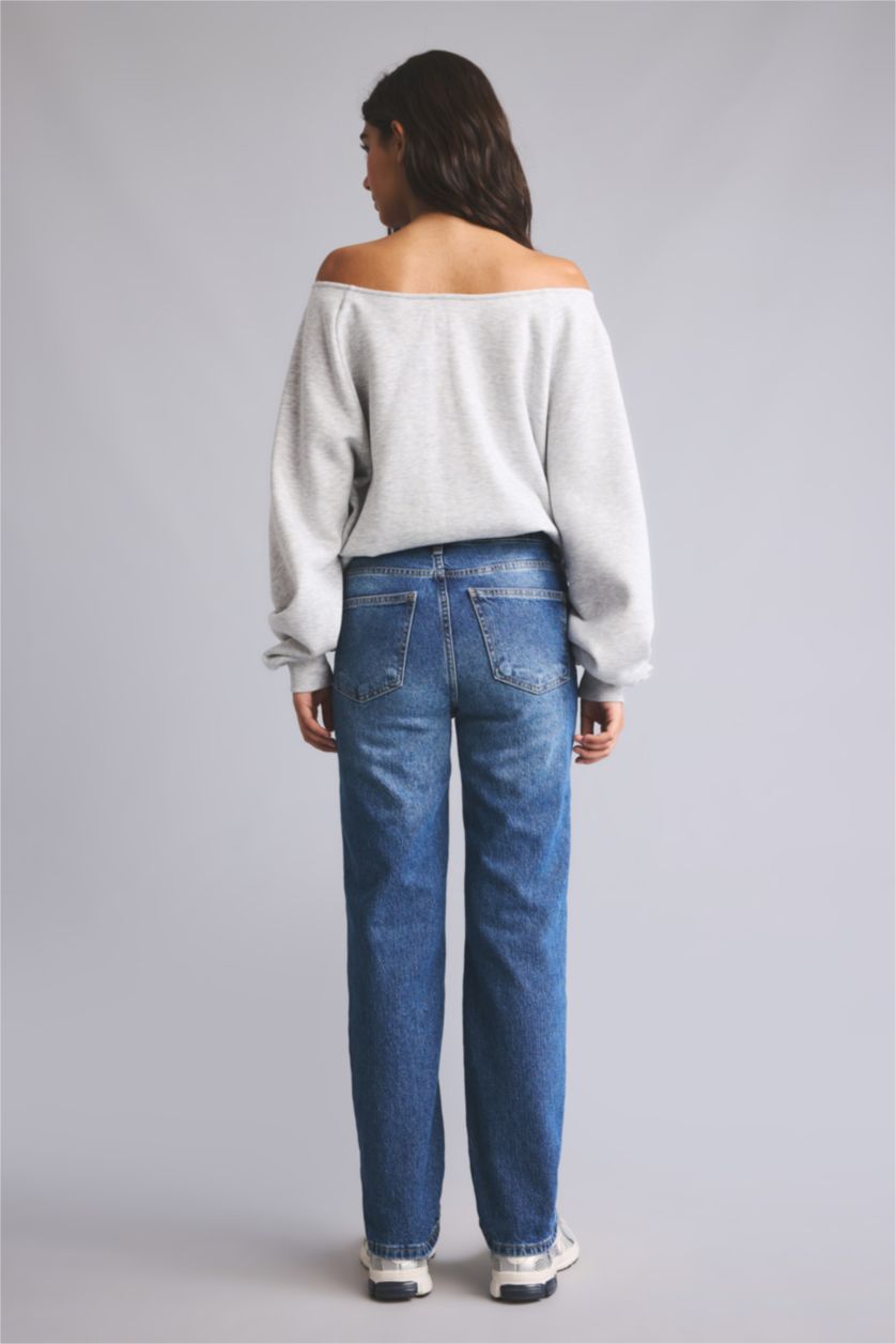 Kadın Mavi Comfort Straight Bilek Boyu Jean Pantolon