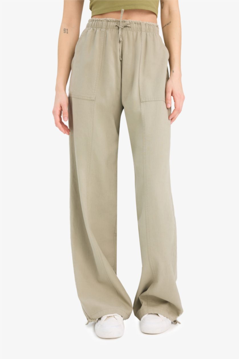 نساء كاكي بنطرون برجل واسع وايد ليج من مزيج الكتان وخصر عادي