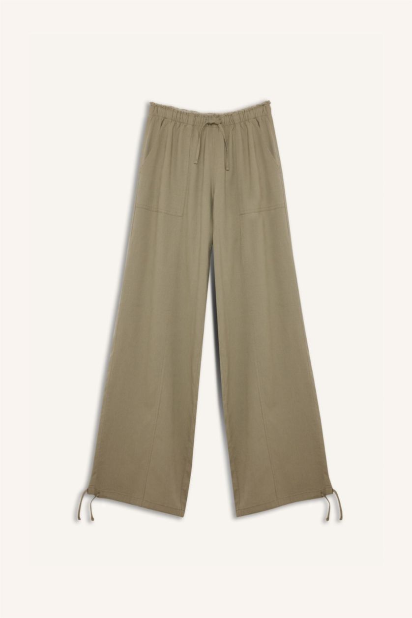 نساء كاكي بنطرون برجل واسع وايد ليج من مزيج الكتان وخصر عادي