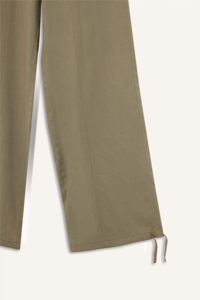 نساء كاكي بنطرون برجل واسع وايد ليج من مزيج الكتان وخصر عادي