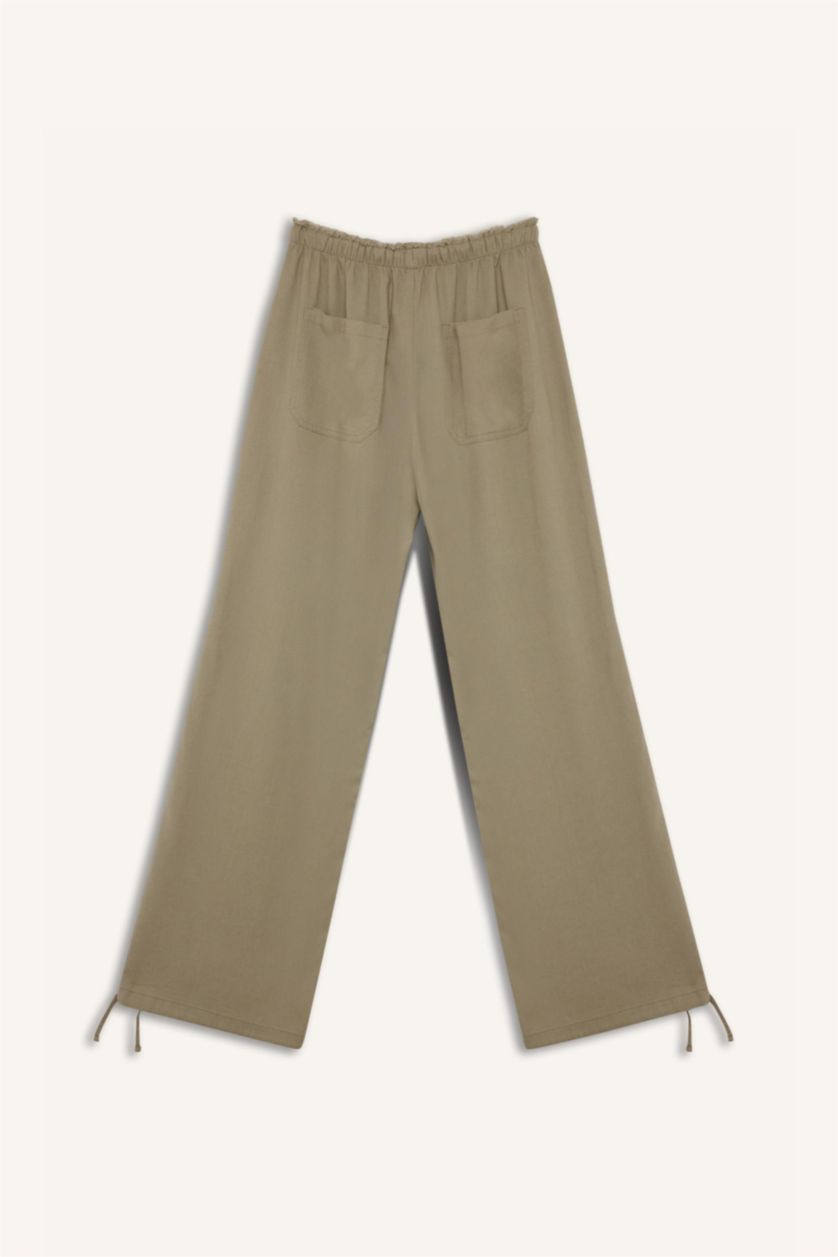نساء كاكي بنطرون برجل واسع وايد ليج من مزيج الكتان وخصر عادي