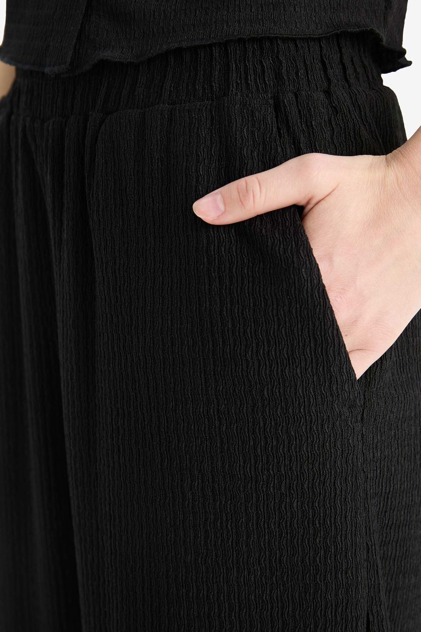 Kadın Siyah Wide Leg Beli Lastikli Krep Pantolon