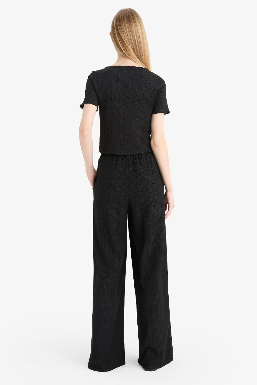 Kadın Siyah Wide Leg Beli Lastikli Krep Pantolon