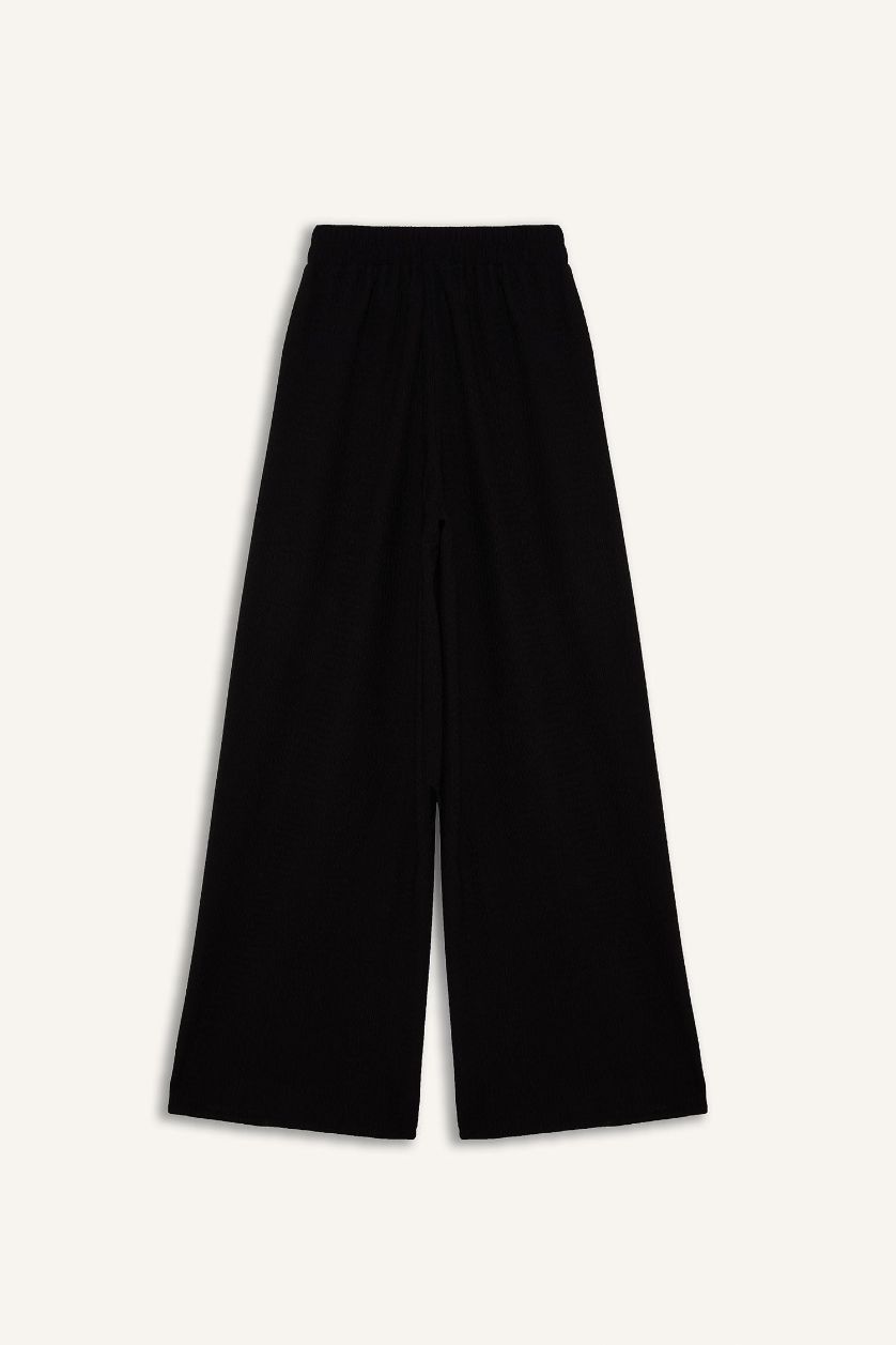 Kadın Siyah Wide Leg Beli Lastikli Krep Pantolon