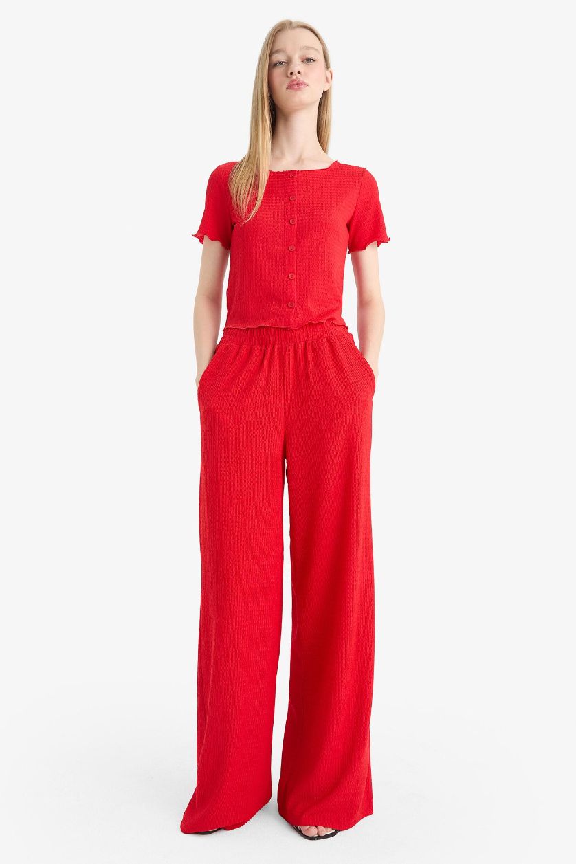 نساء أحمر بنطرون كريب وايد ليج خصر مطاطي