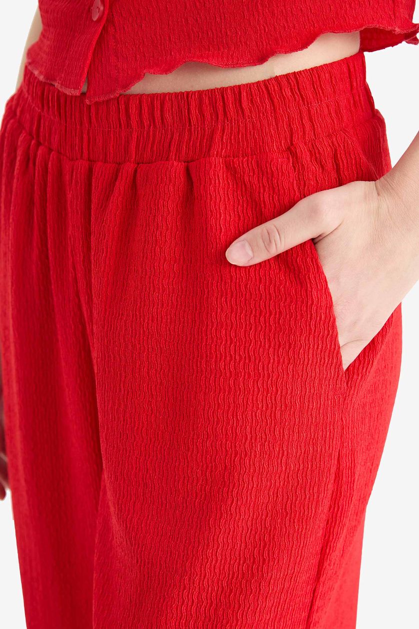 نساء أحمر بنطرون كريب وايد ليج خصر مطاطي