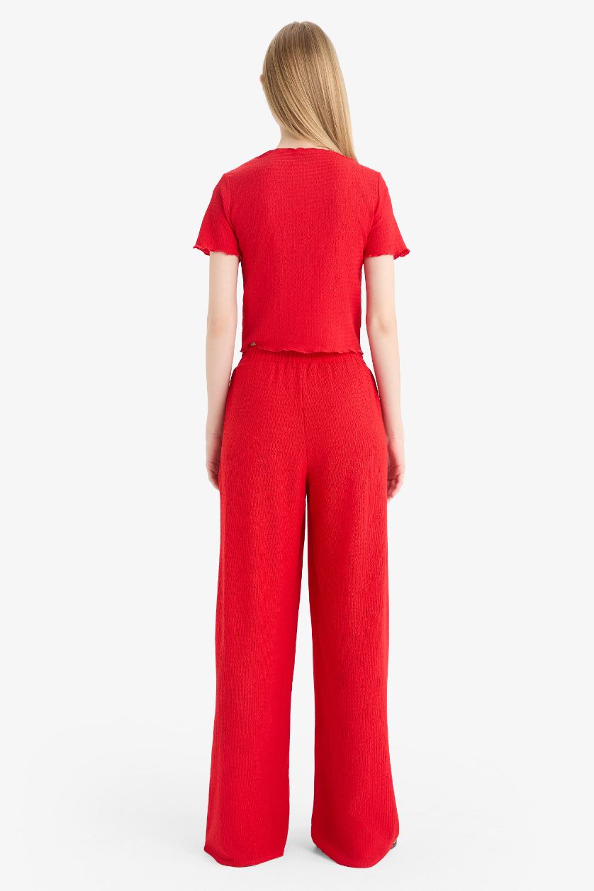 نساء أحمر بنطرون كريب وايد ليج خصر مطاطي