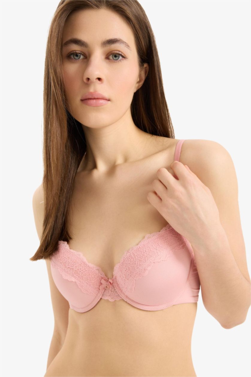 Kadın Gülkurusu Dantel Detaylı Dolgulu Push Up Bra-Fall in Love
