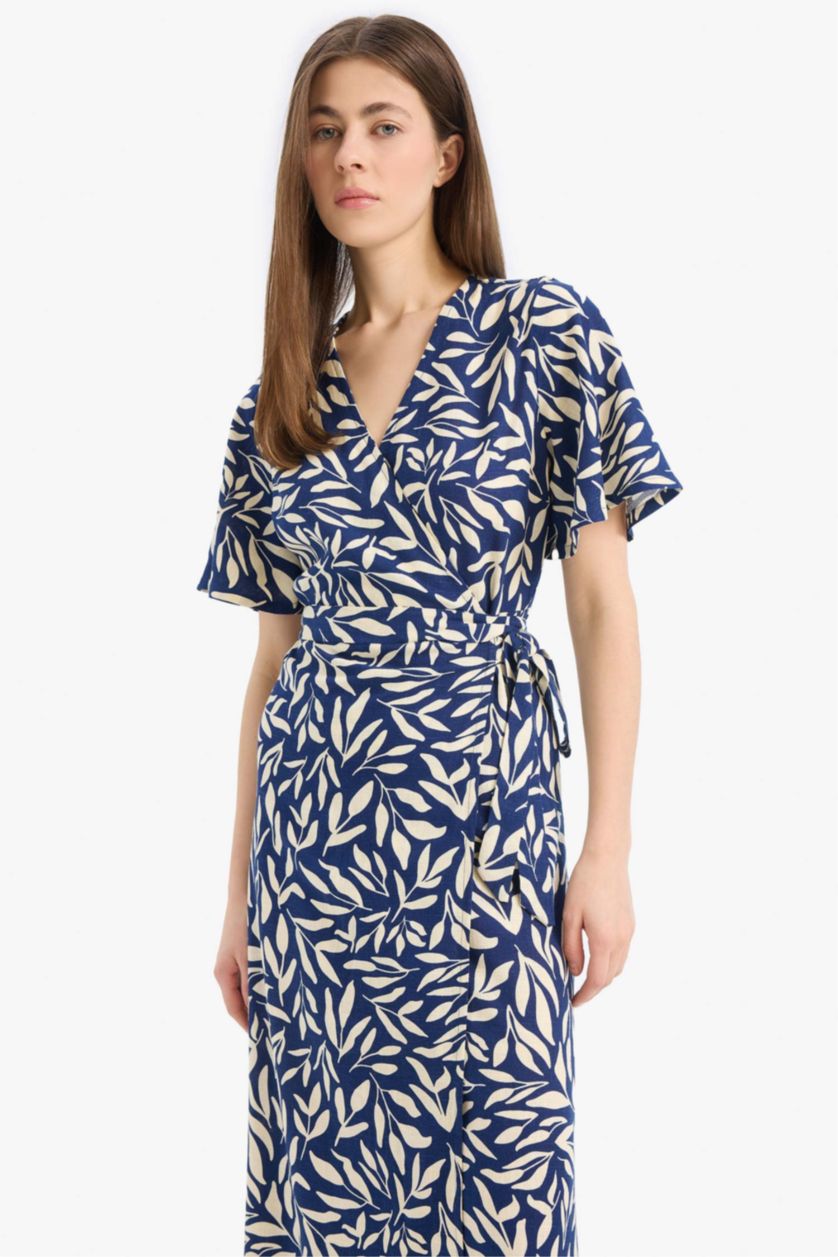 Женщины Синий Макси-платье с коротким рукавом, с запахом и цветочным рисунком, из льняной смеси