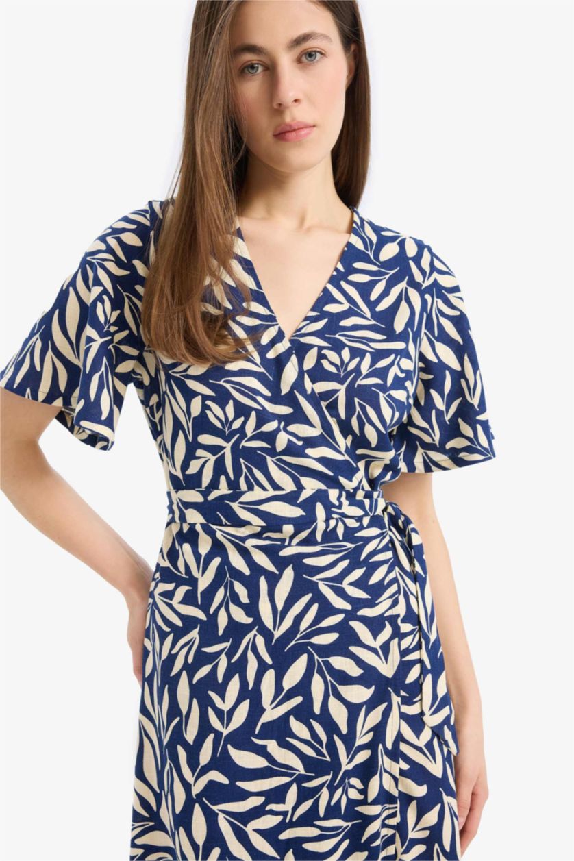 Женщины Синий Макси-платье с коротким рукавом, с запахом и цветочным рисунком, из льняной смеси