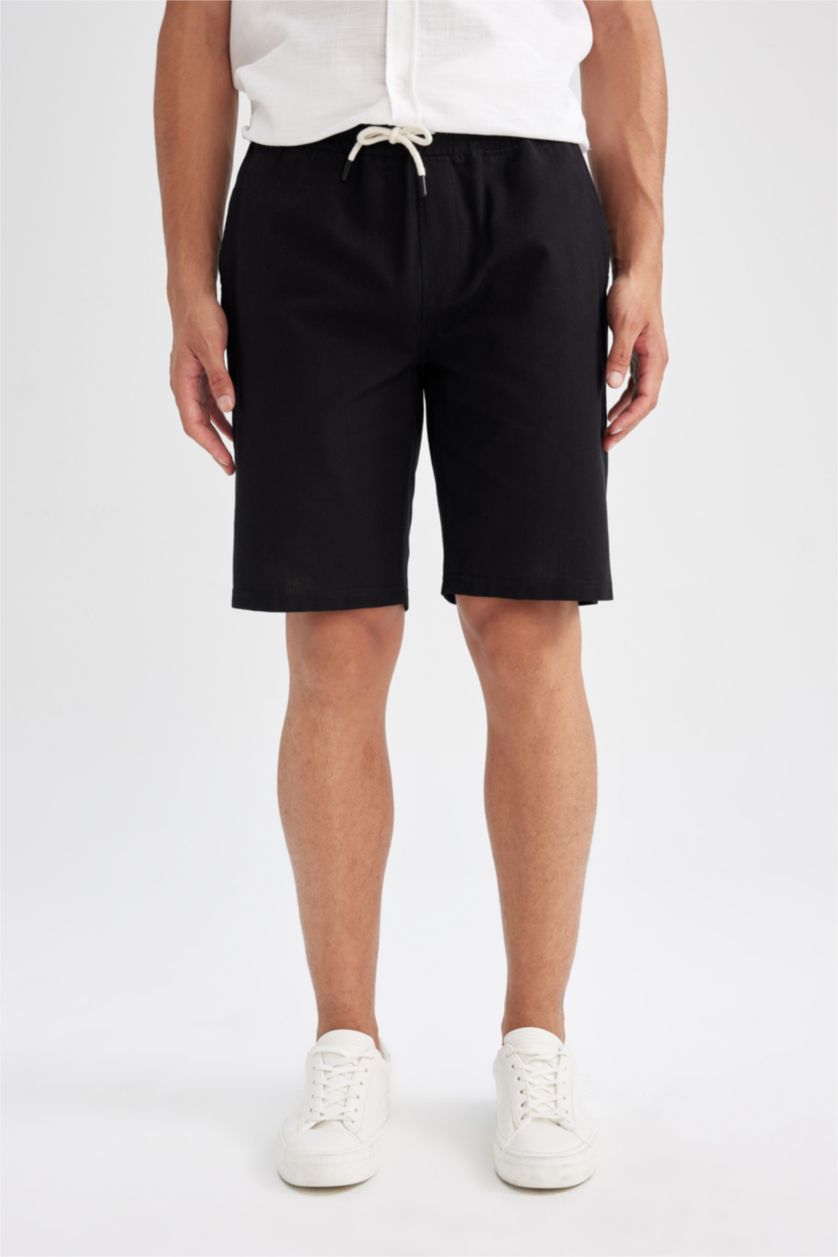 Erkek Siyah Beli Lastikli Cepli Pamuklu Bermuda Şort