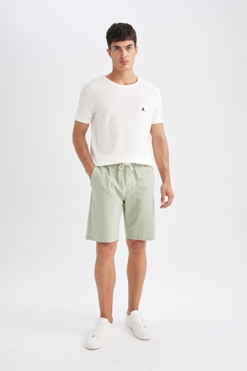 Erkek Yeşil %100 Pamuk Beli Lastikli Cepli Pamuklu Bermuda Şort