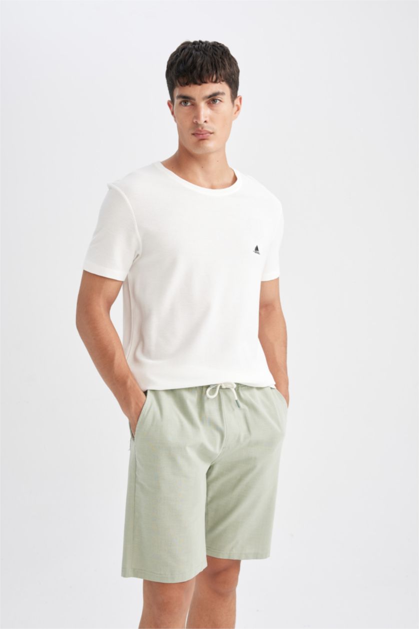 Erkek Yeşil %100 Pamuk Beli Lastikli Cepli Pamuklu Bermuda Şort