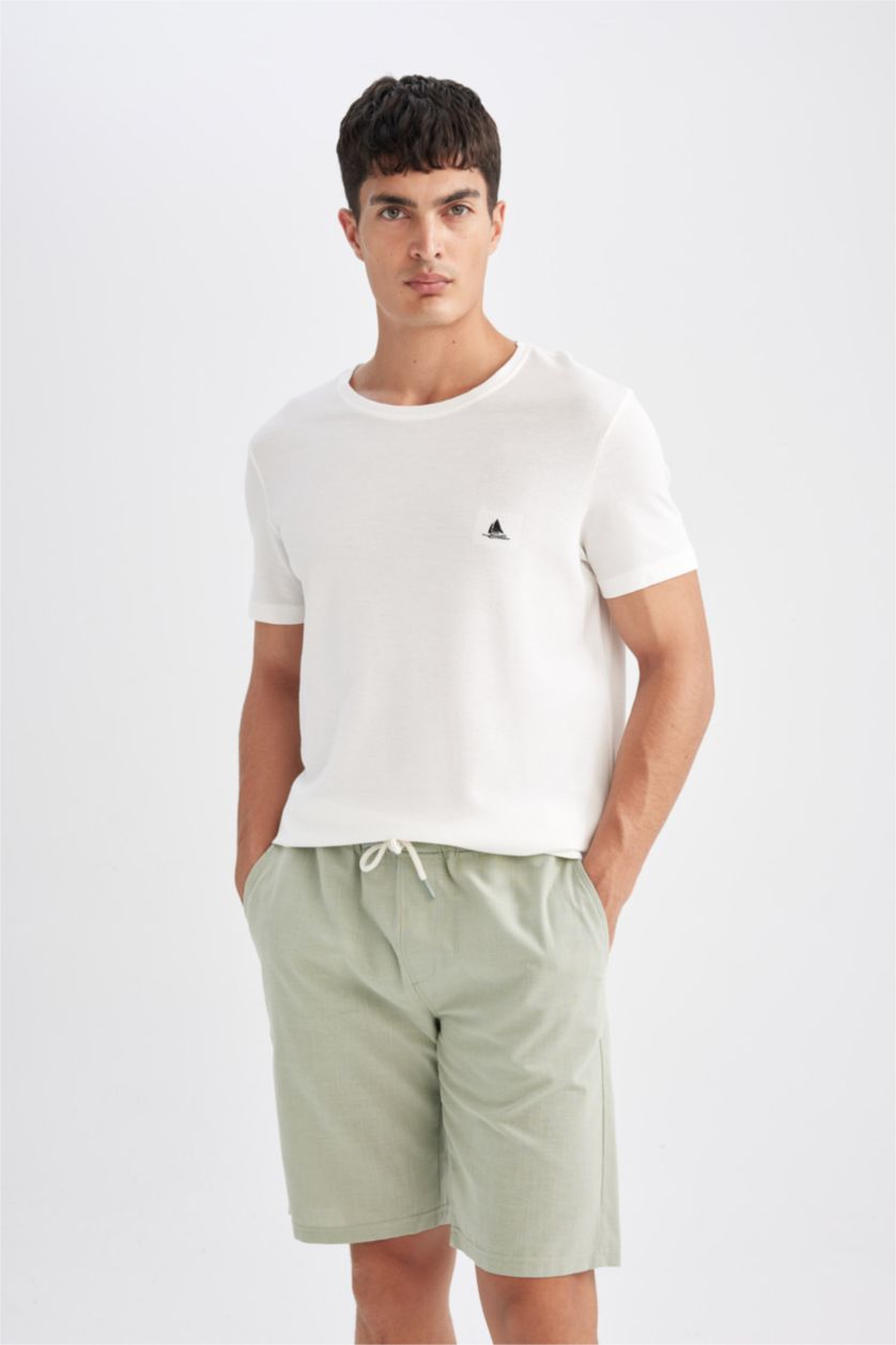 Erkek Yeşil %100 Pamuk Beli Lastikli Cepli Pamuklu Bermuda Şort