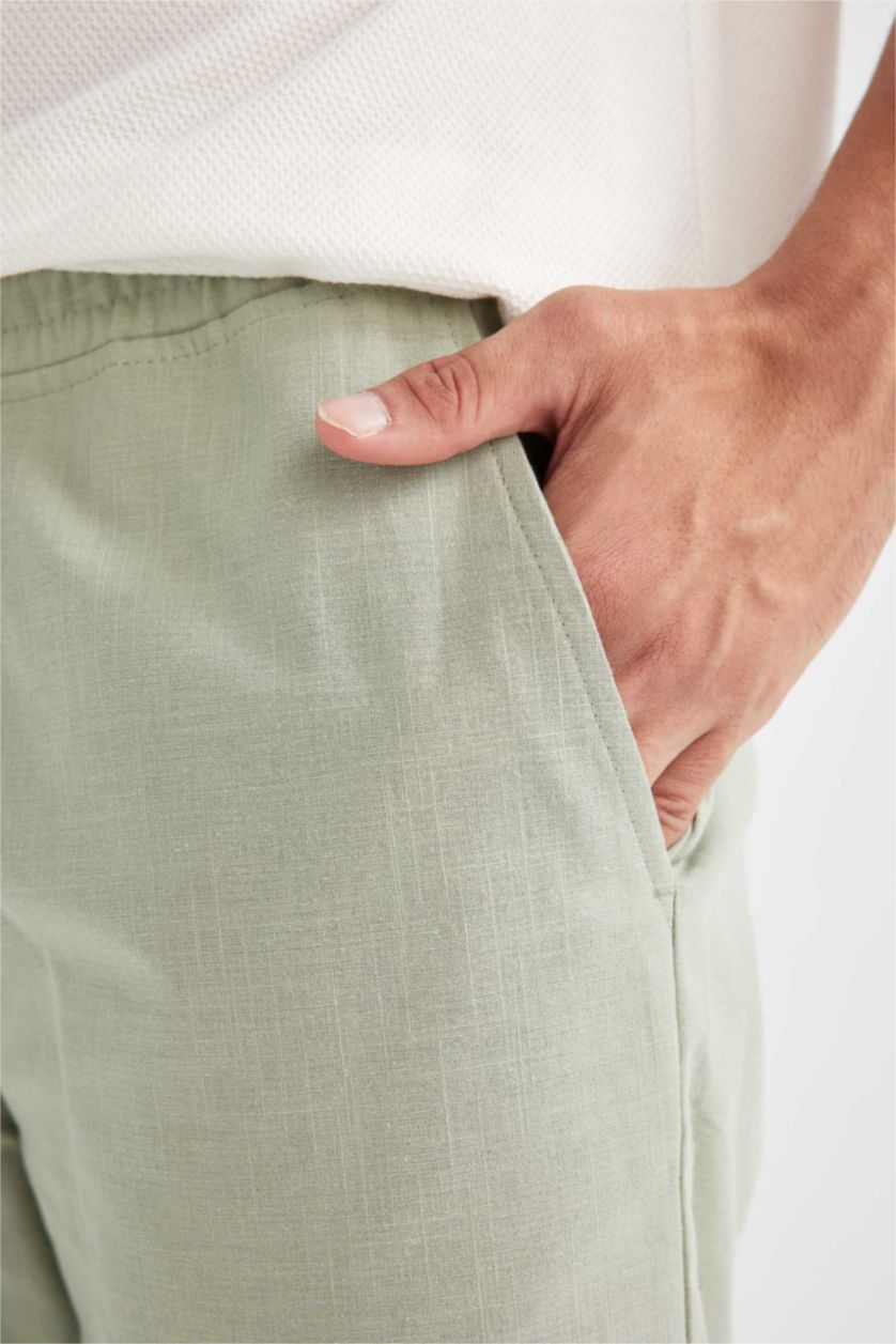 Erkek Yeşil %100 Pamuk Beli Lastikli Cepli Pamuklu Bermuda Şort