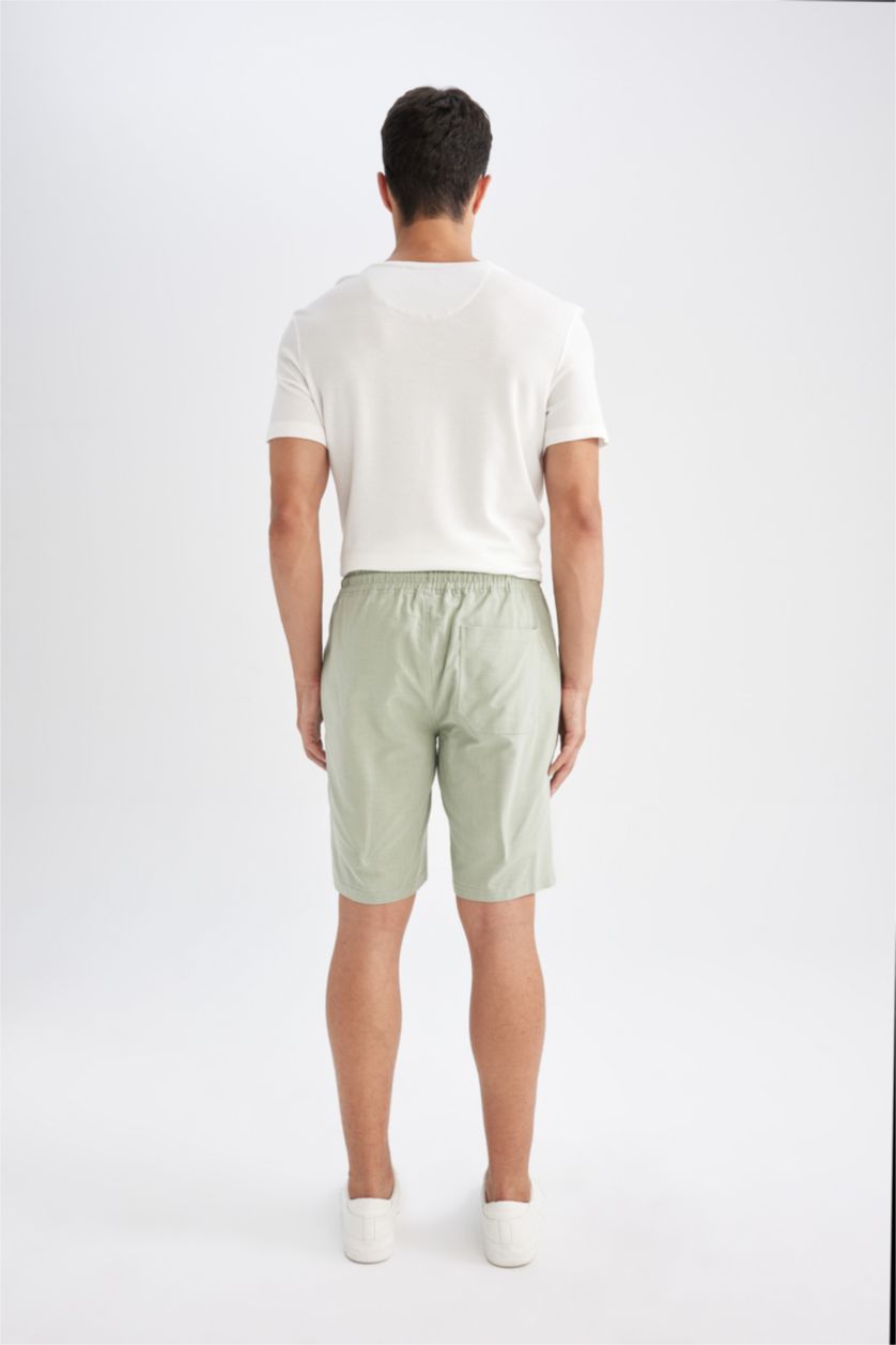 Erkek Yeşil %100 Pamuk Beli Lastikli Cepli Pamuklu Bermuda Şort