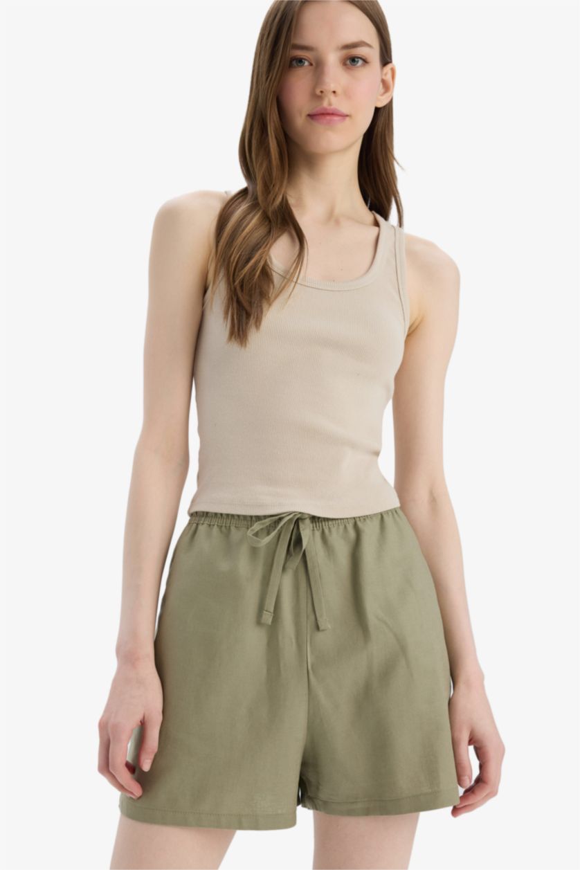 FEMME Kaki Clair Short court taille normale en lin mélangé