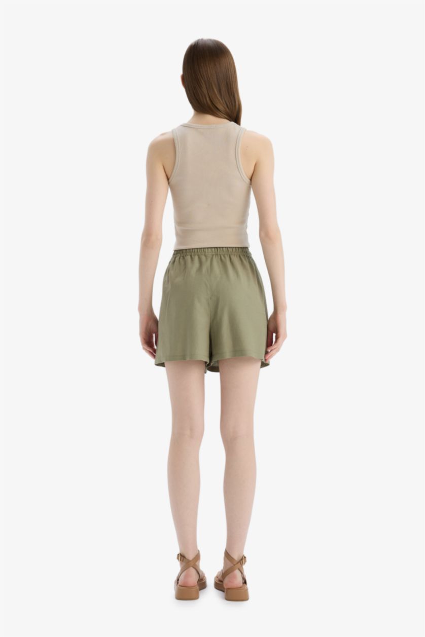 FEMME Kaki Clair Short court taille normale en lin mélangé