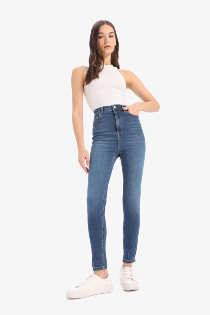 Woman Blue Anna Skinny Fit High Waist Straight Leg Long Jeans