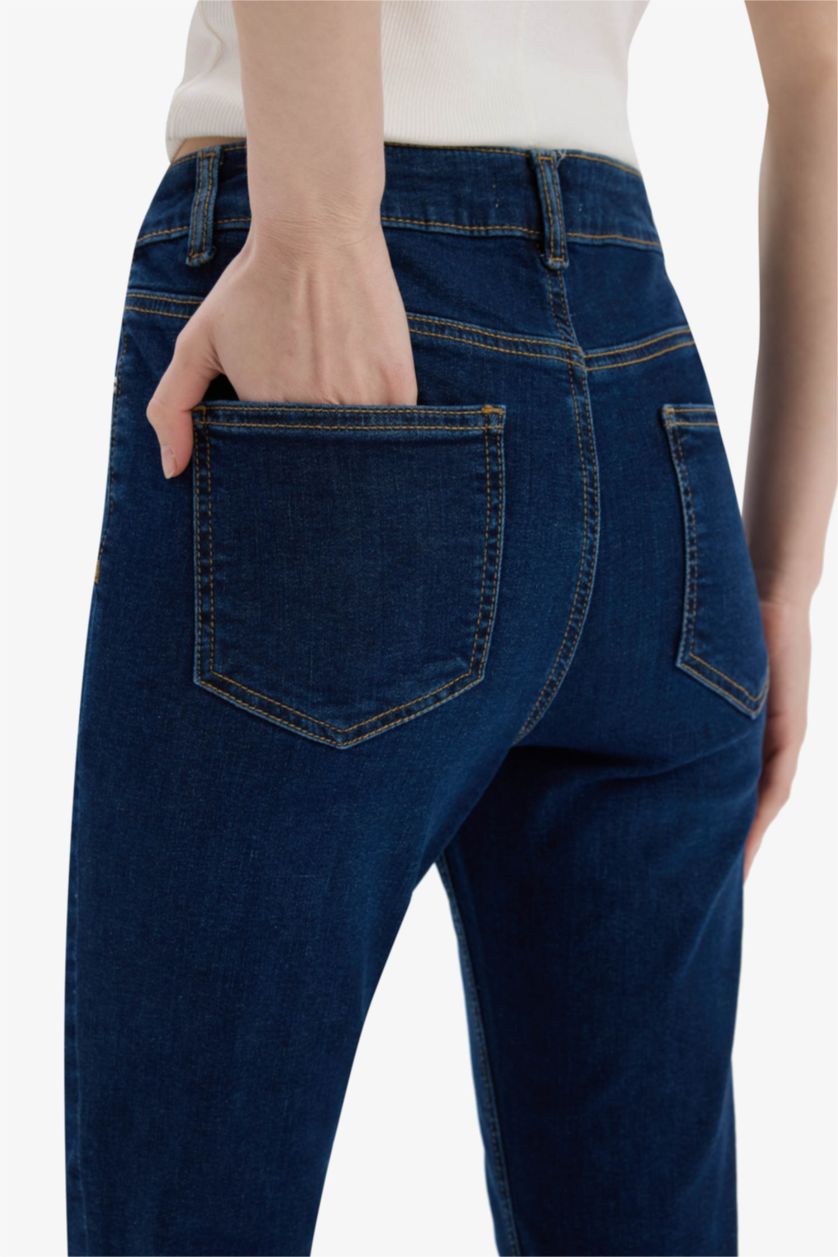 Kadın Koyu Mavi Rebeca Skinny Fit Yüksek Bel Düz Paça Uzun Jean Taş Yıkama Pantolon