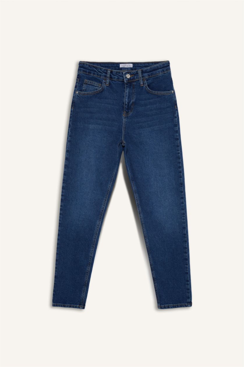 Woman Dark Blue Lina Comfort Mom Normal Waist Straight Leg Washed Jeans