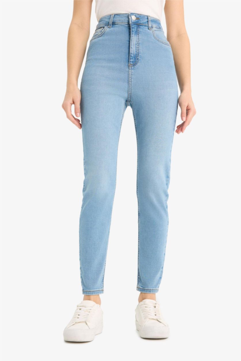 نساء نيلي فاتح بنطرون جينز سكيني فيت برجل ضيق وخصر عالي