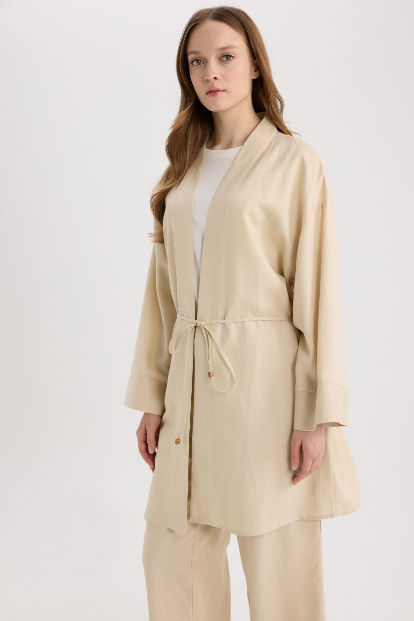 Kadın Kum Relax Fit Kuşaklı Keten Karışımlı Kimono