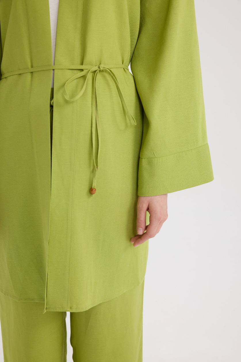 حريمي أخضر كيمونو قصة مريحة من مزيج الكتان أخضر