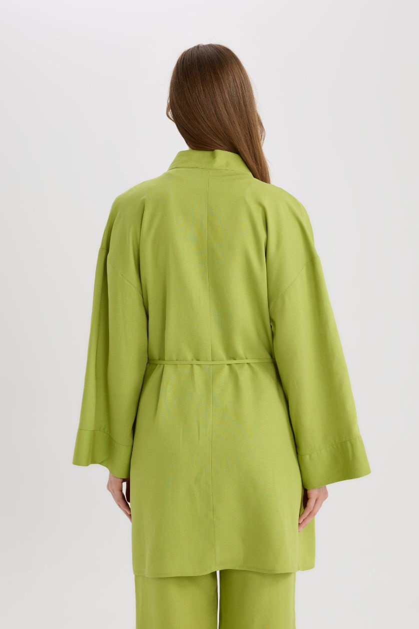 حريمي أخضر كيمونو قصة مريحة من مزيج الكتان أخضر