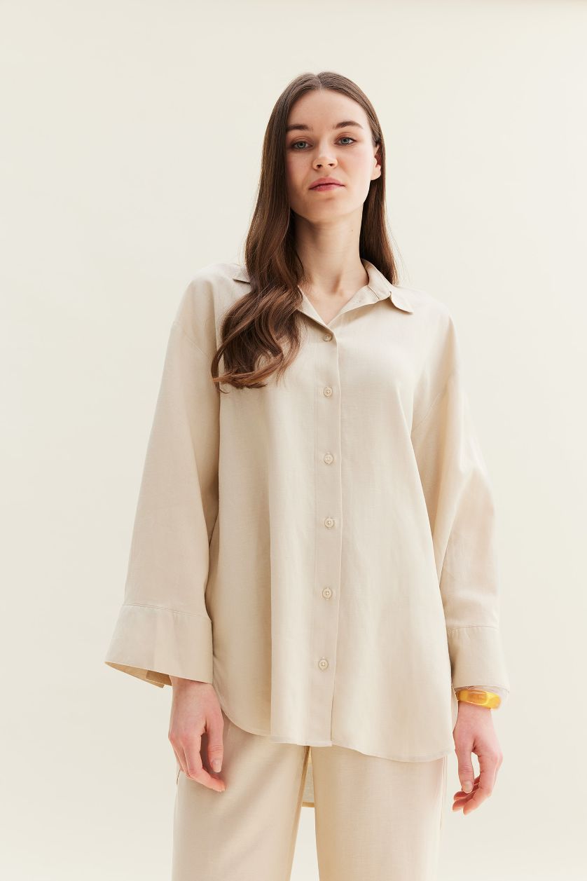 حريمي اللون الرملي تونيك قصة مريحة كم طويل من مزيج الكتان بيج رملي