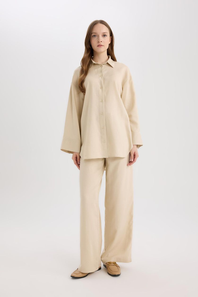 حريمي اللون الرملي تونيك قصة مريحة كم طويل من مزيج الكتان بيج رملي