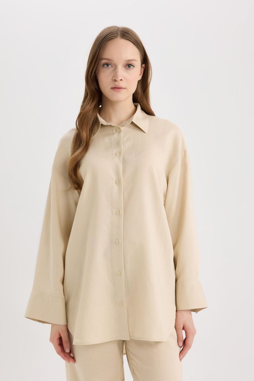 حريمي اللون الرملي تونيك قصة مريحة كم طويل من مزيج الكتان بيج رملي