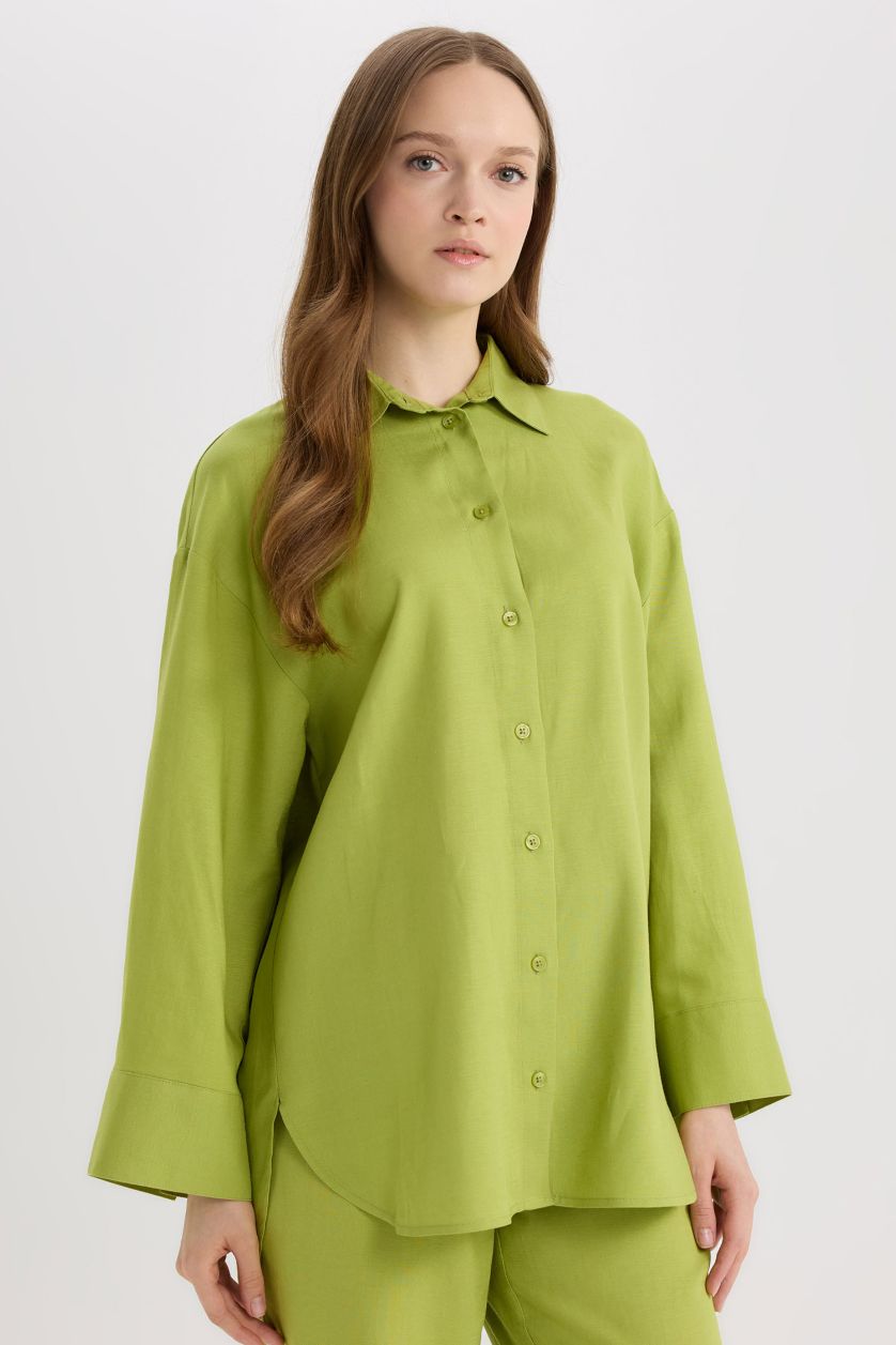 WOMAN Green Relax Fit Linen Blend Long Sleeve Tunic