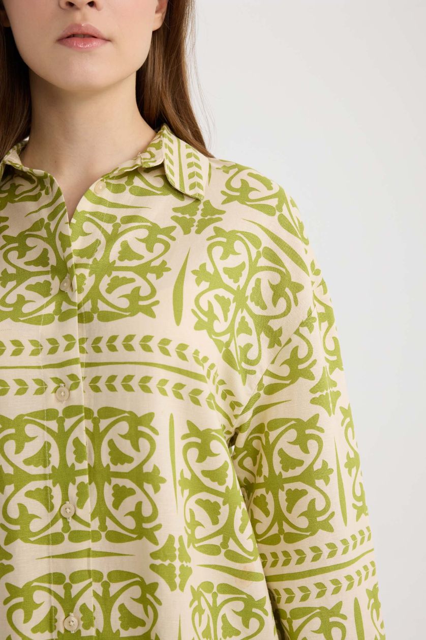 حريمي أخضر تونيك قصة مريحة كم طويل من مزيج الكتان أخضر منقوش