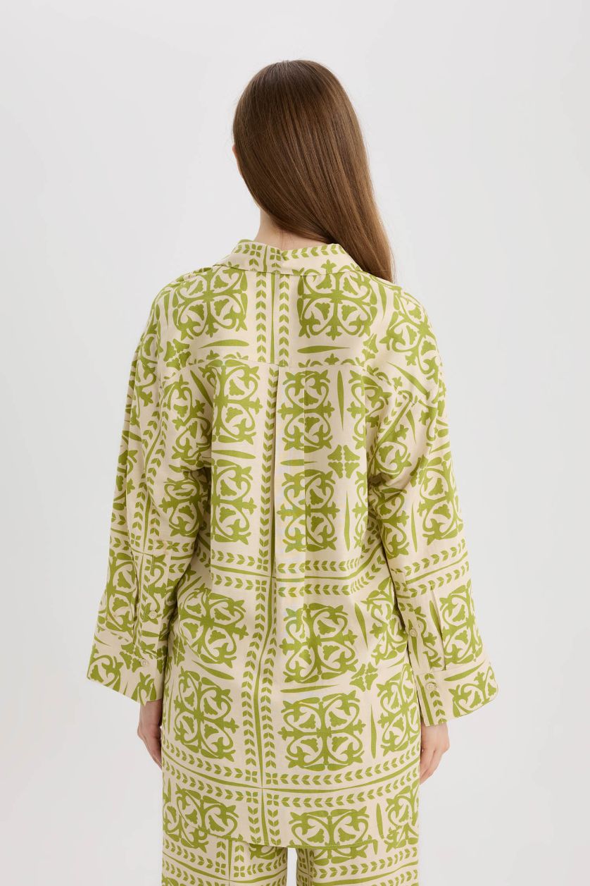 حريمي أخضر تونيك قصة مريحة كم طويل من مزيج الكتان أخضر منقوش