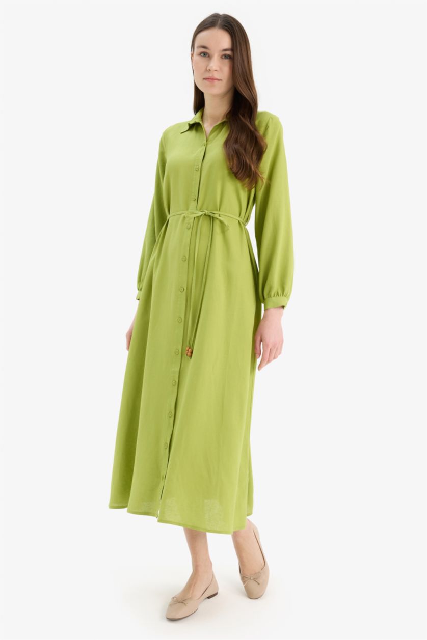 WOMAN Green Shirt Collar Linen Blend Long Sleeve Dress