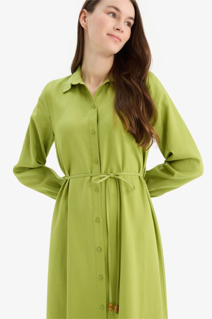 WOMAN Green Shirt Collar Linen Blend Long Sleeve Dress