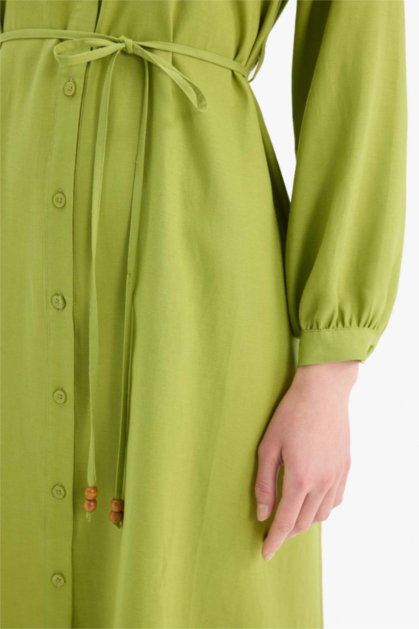 WOMAN Green Shirt Collar Linen Blend Long Sleeve Dress
