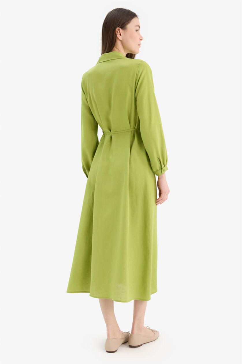 WOMAN Green Shirt Collar Linen Blend Long Sleeve Dress