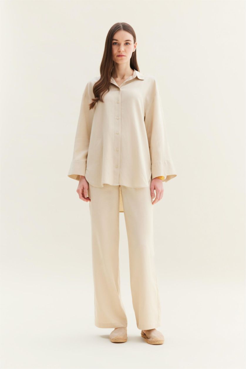 WOMAN Sand Wide Leg Linen Blended Trousers
