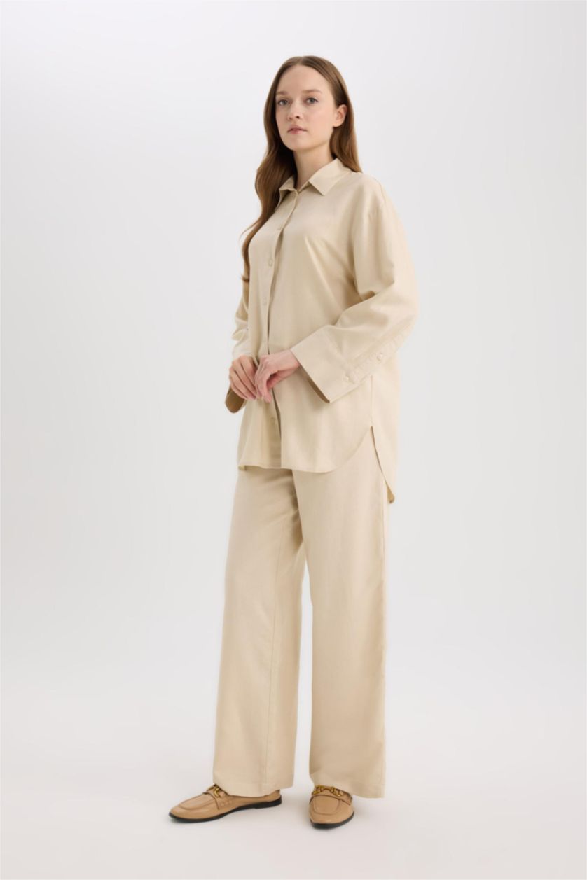 WOMAN Sand Wide Leg Linen Blended Trousers