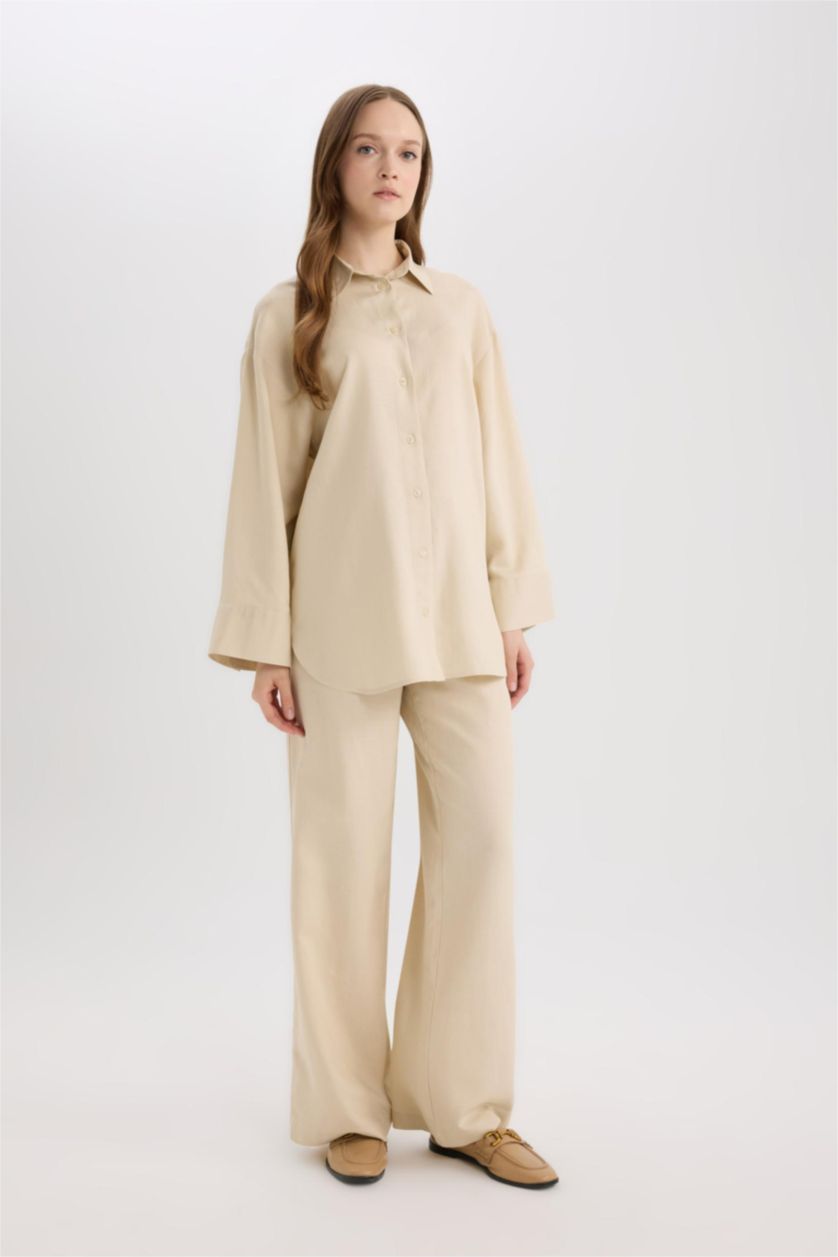WOMAN Sand Wide Leg Linen Blended Trousers