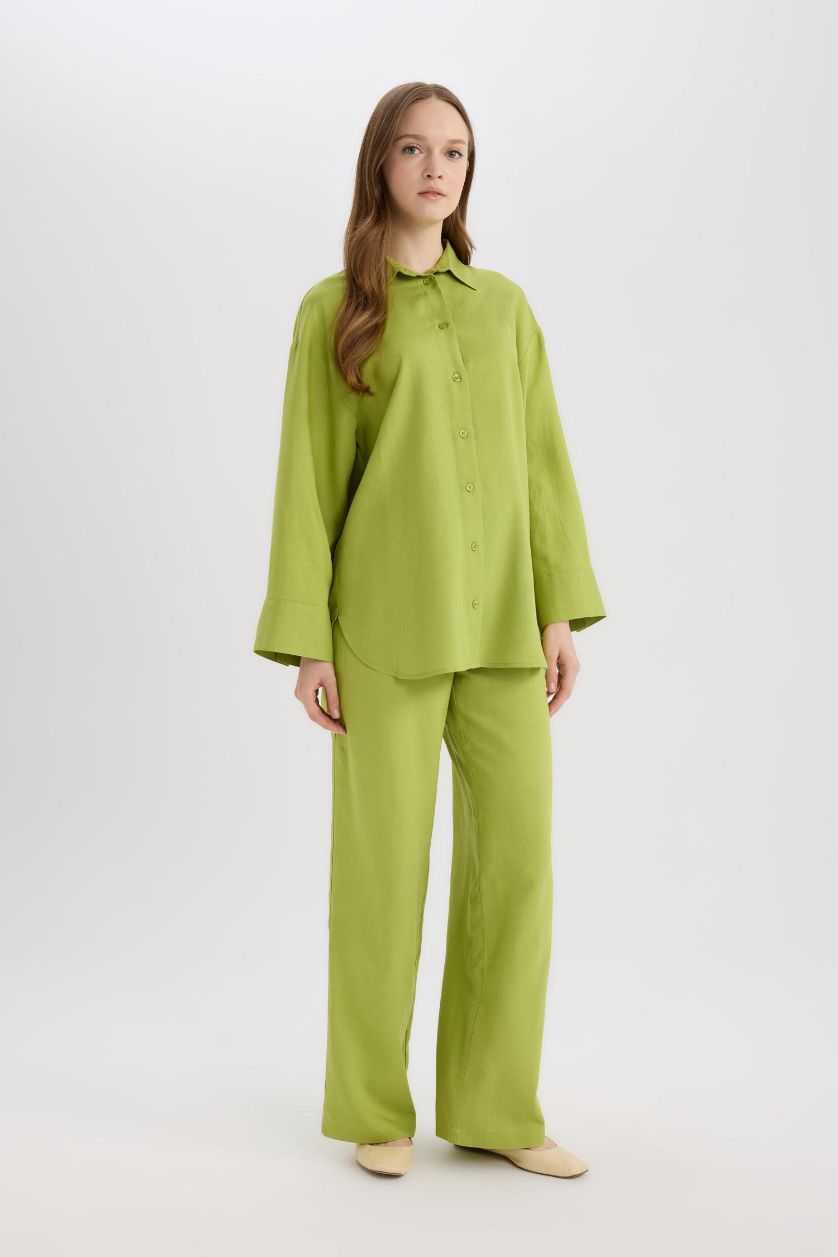 نساء أخضر بنطرون وايد ليج برجل واسع من مزيج الكتان