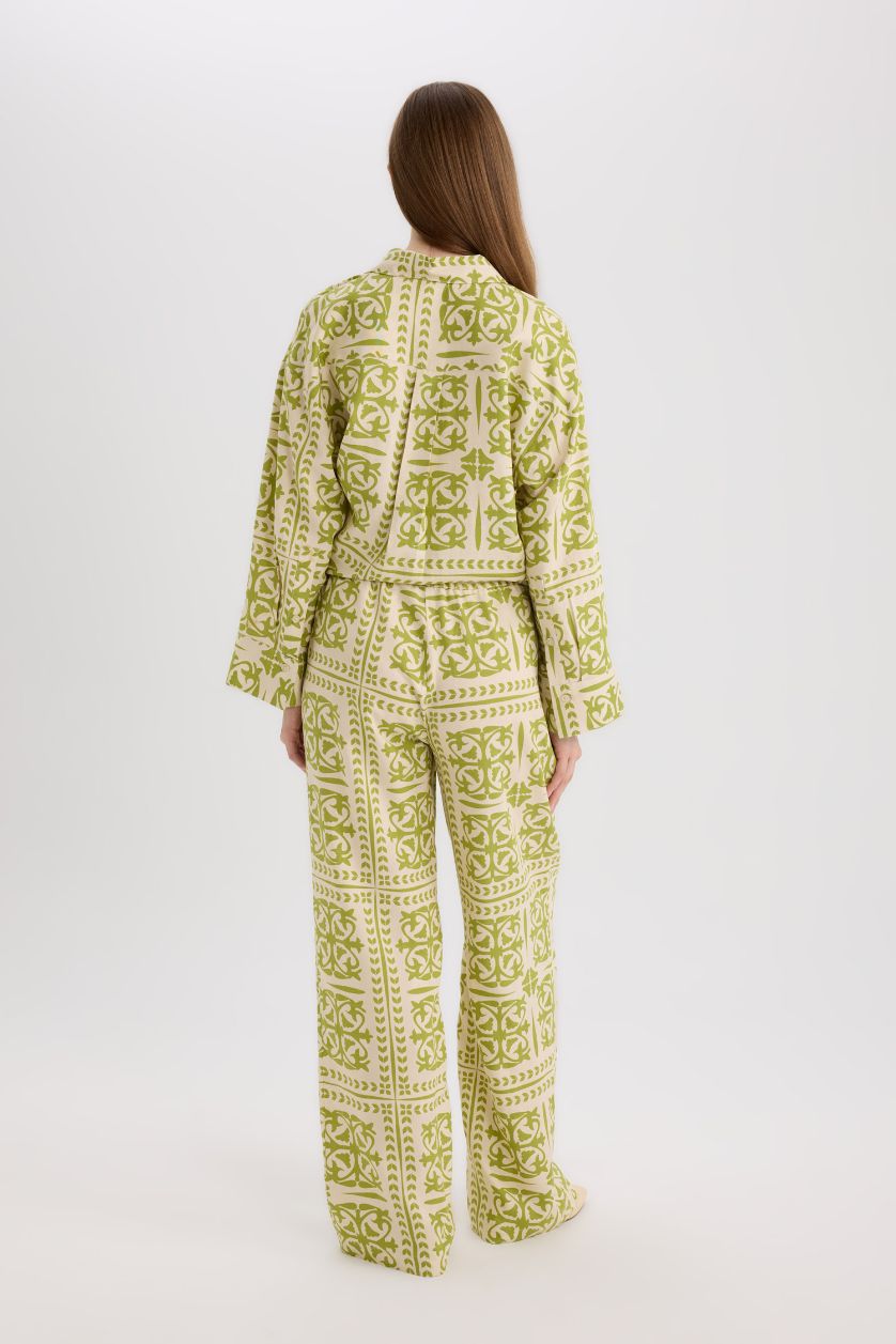 نساء أخضر  بنطرون برجل واسع وايد ليج مطبوع من مزيج الكتان 