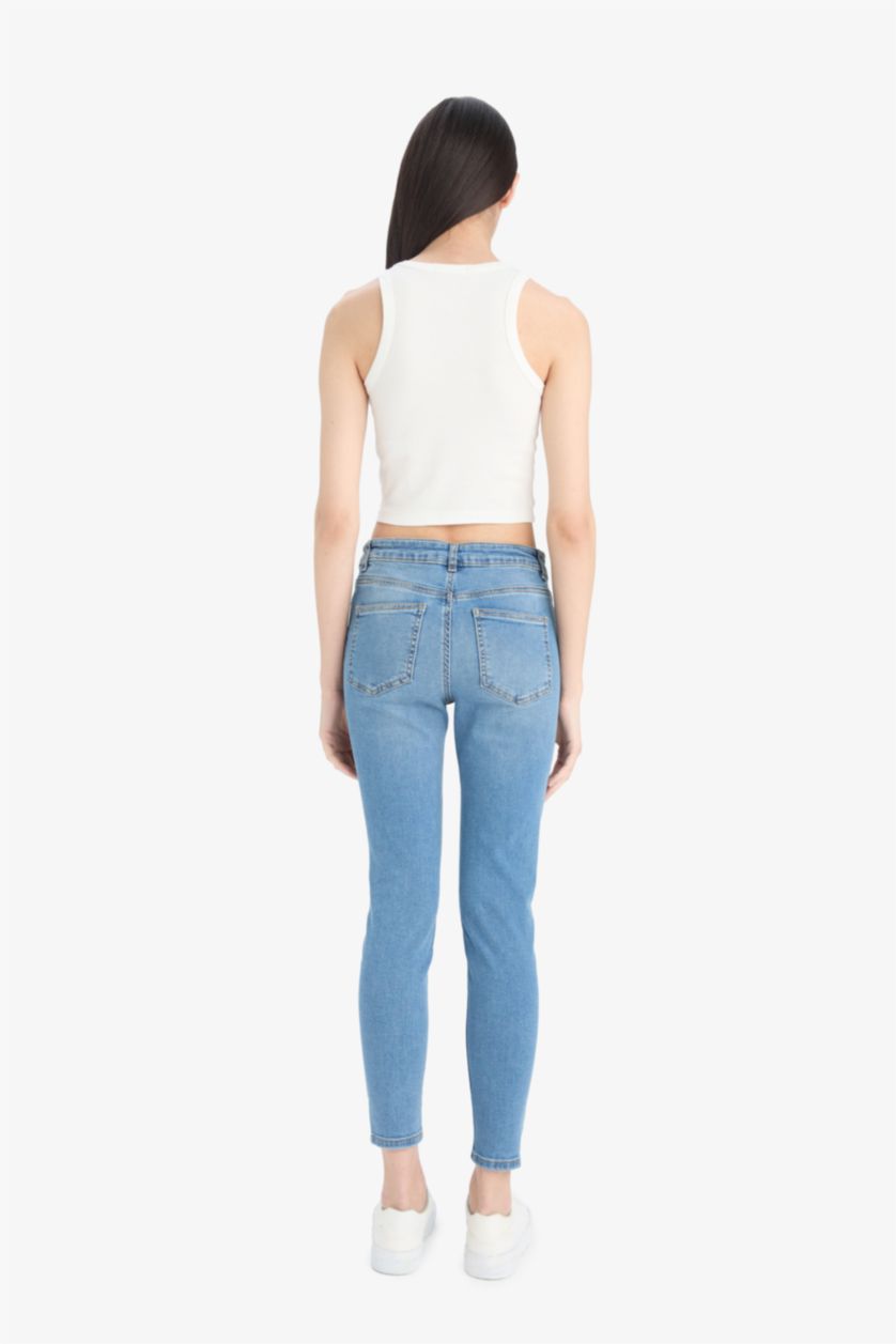 Kadın Açık İndigo Skinny Fit Yüksek Bel Düz Paça Uzun Jean Taş Yıkama Pantolon