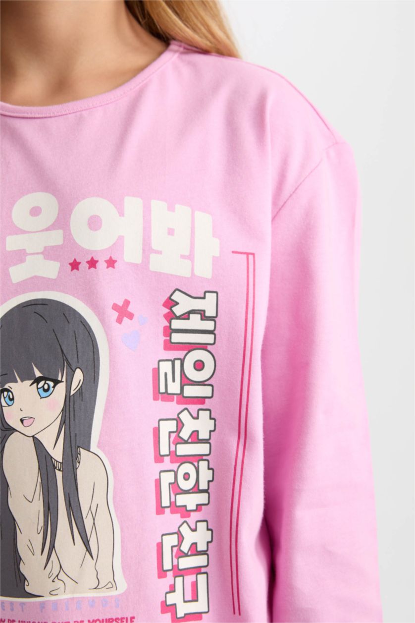 Kız Çocuk - Genç Kız Pembe Pijama Takımı Baskılı Uzun Kollu Üst Uzun Alt Kız Çocuk