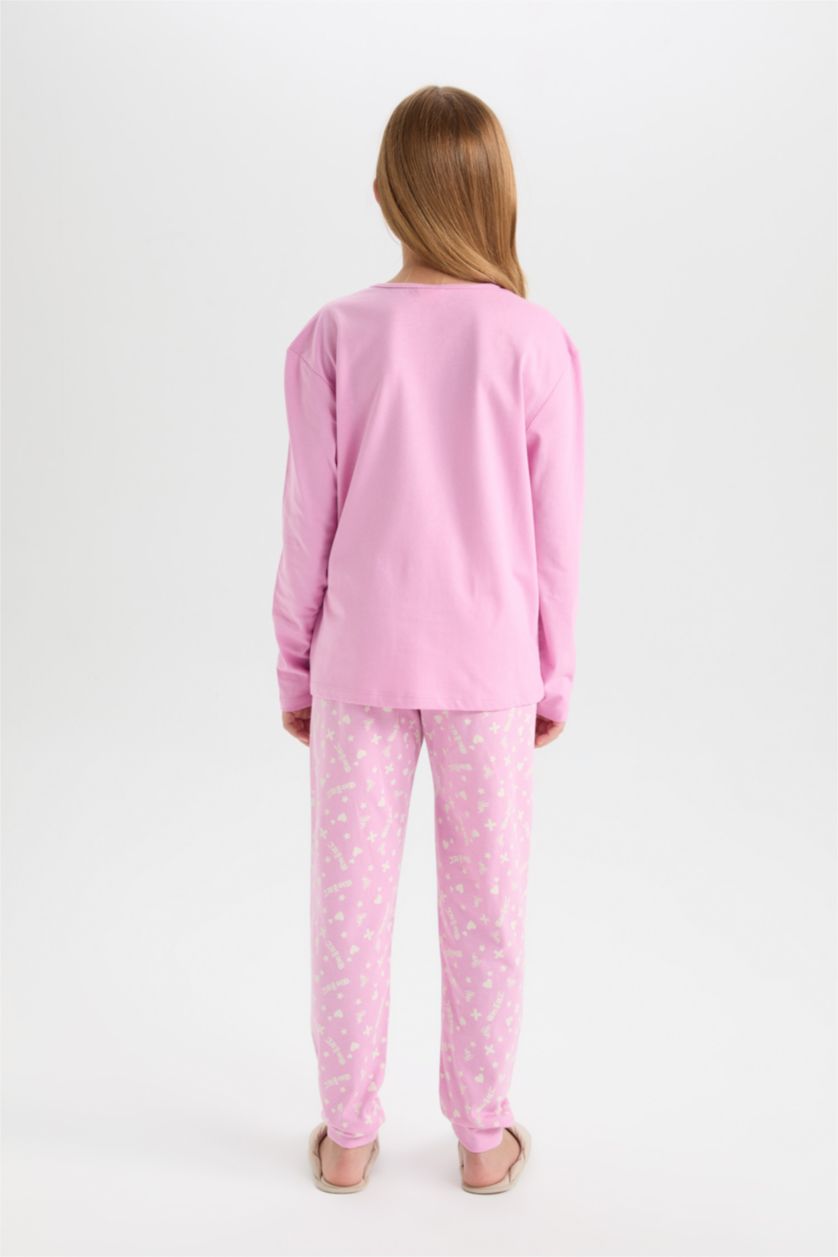 Kız Çocuk - Genç Kız Pembe Pijama Takımı Baskılı Uzun Kollu Üst Uzun Alt Kız Çocuk