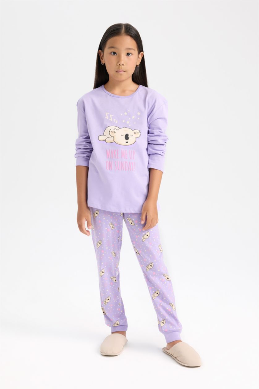 Kız Çocuk - Genç Kız Lila Kız Çocuk Pijama Takımı Baskılı Uzun Kollu Üst Uzun Alt