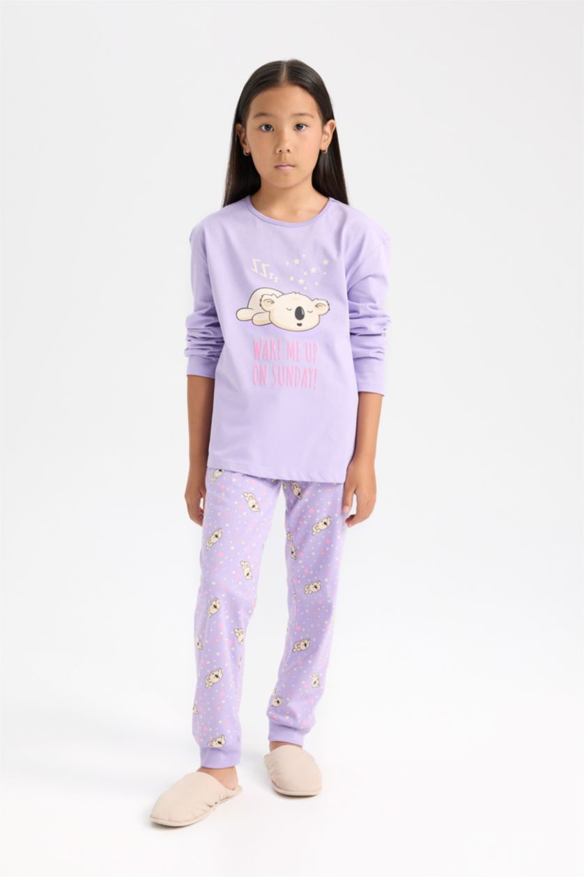 Kız Çocuk - Genç Kız Lila Kız Çocuk Pijama Takımı Baskılı Uzun Kollu Üst Uzun Alt