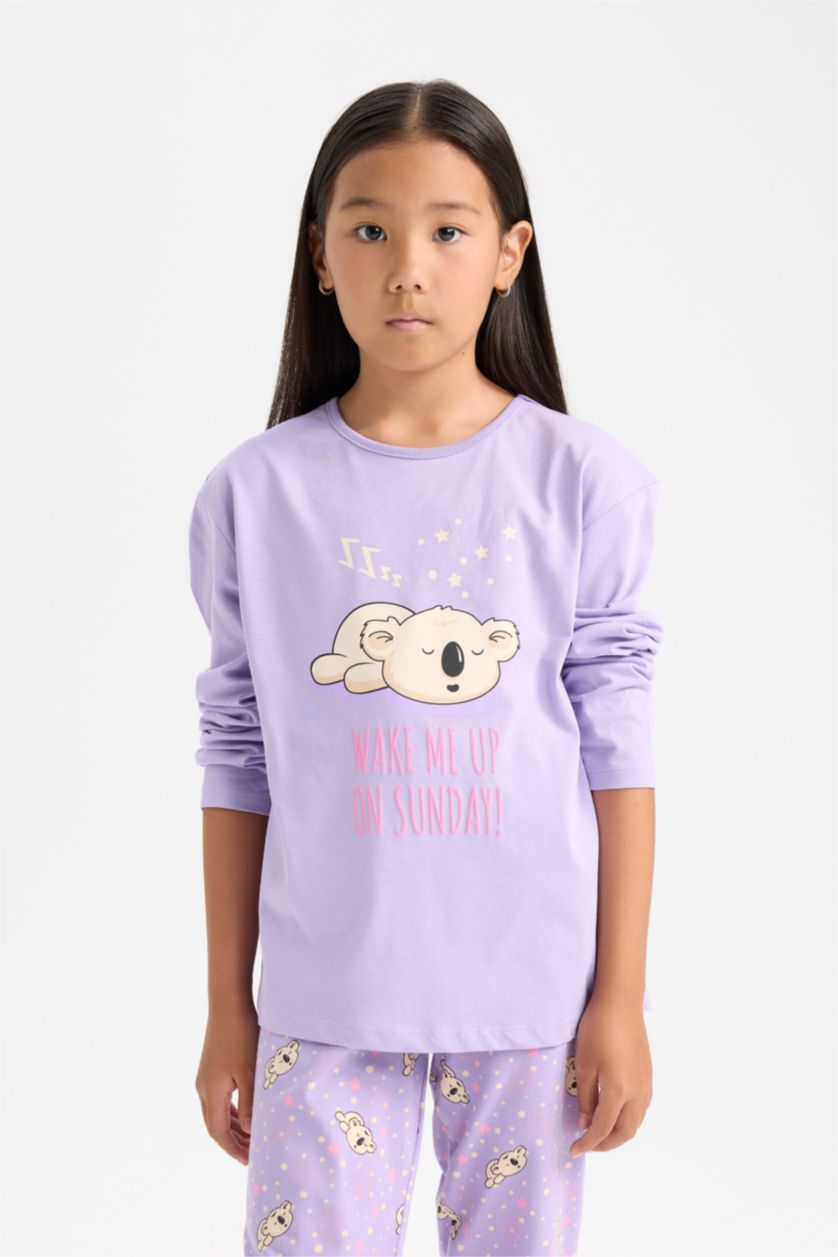 Kız Çocuk - Genç Kız Lila Kız Çocuk Pijama Takımı Baskılı Uzun Kollu Üst Uzun Alt